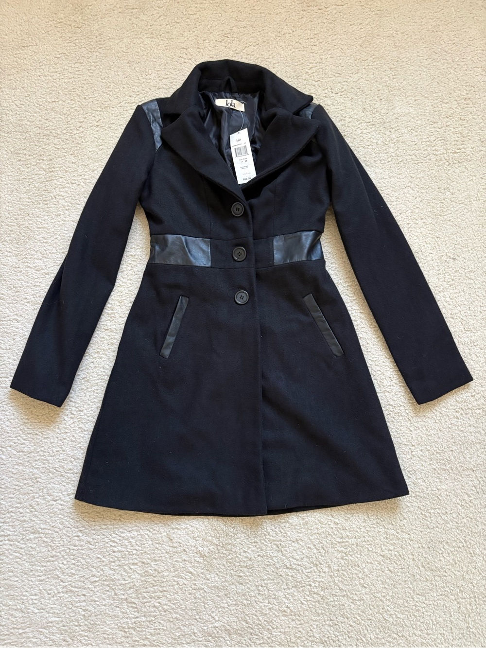 Lola black wool blend trench coat faux leather sz XS gothic chic edgy academia